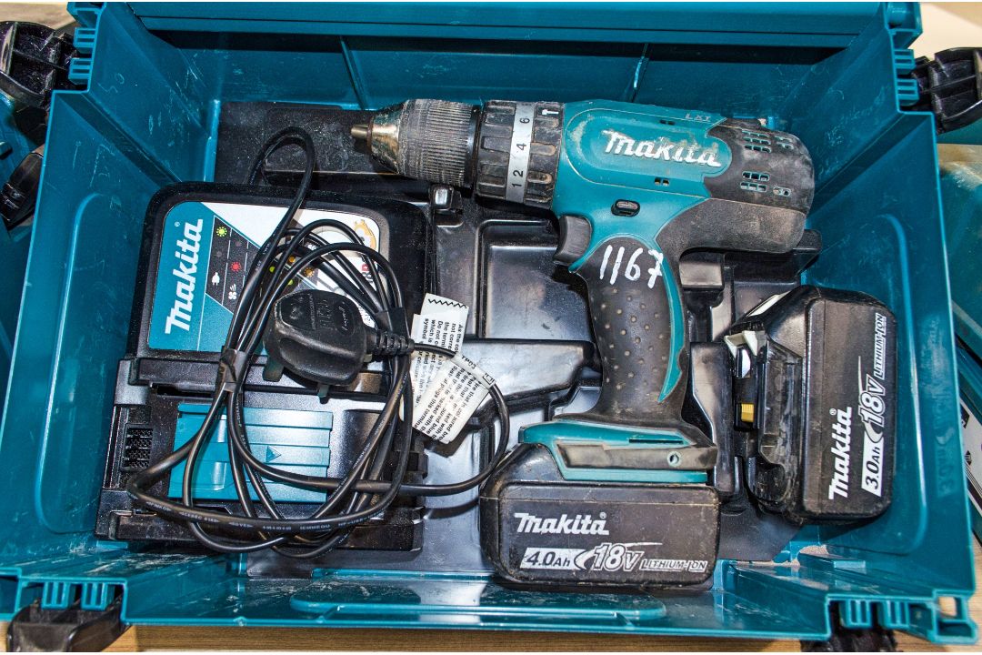 Makita DHP453 18v cordless power drill c/w charger, 2 - batteries and carry case 2112-0816
