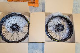 New and unused Haan and Excel front and rear wheel assembly, black rim, black hub, silver spokes and