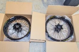 New and unused Haan and Excel front and rear wheel assembly, black rim, black hub, silver spokes and