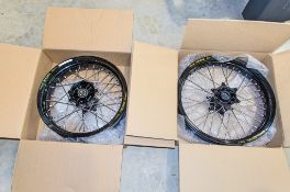 New and unused Haan and Excel front and rear wheel assembly, black rim, black hub, silver spokes and