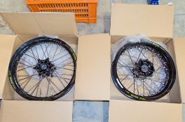 New and unused Haan and Excel front and rear wheel assembly, black rim, black hub, silver spokes and