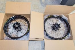 New and unused Haan and Excel front and rear wheel assembly, black rim, black hub, silver spokes and