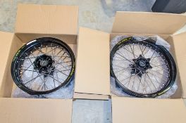 New and unused Haan and Excel front and rear wheel assembly, black rim, black hub, silver spokes and