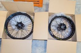New and unused Haan and Excel front and rear wheel assembly, black rim, black hub, silver spokes and