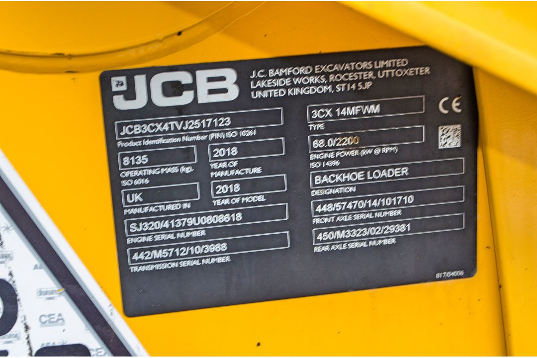 JCB 3CX ECO T4F IV backhoe loader Year: 2018 S/N: 2517123 Recorded ...
