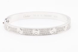 18k White Gold Diamond Paved Love Bangle Set With Round Brilliant Natural Diamonds 2.00 Carat