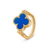 Vintage Alhambra style Reversible Ring - 18k Yellow Gold - Blue Agate & Natural Diamond - D VVS