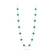 Vintage Alhambra Style Long Necklace Agate -18K Yellow Gold