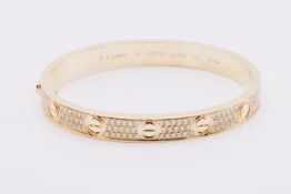 18k Rose Gold Diamond Paved Love Bangle Set With Round Brilliant Natural Diamonds