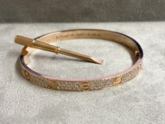 18k Rose Gold Diamond Paved Love Bangle Set With Round Brilliant Natural Diamonds 2.00 Carat