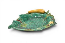 A Minton majolica cucumber and leaf dish, circa 1870