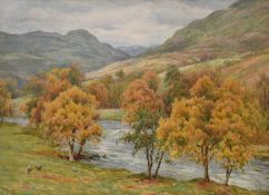 Tom Clough (1867-1943) Sheep Grazing by a Tree-lined River, possibly River Llugy, Wales