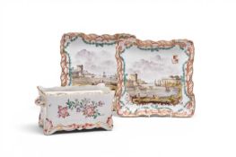 French faience encrier or bulb holder and a pair of Lille faience square dishes, 19th century (3)