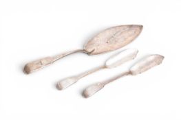 A George III Irish silver fish slice and two silver fish knives