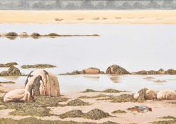 Jonathan Latimer (British, 20th-21st centuries) Wigeon on the Dornoch Firth, a couple feeding on the