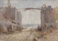 Possibly Continental (20th century) A Desolate Landscape with Buildings in Ruins