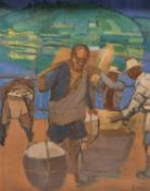 Denis Mathews (1913-1997) Asian Man carrying Baskets