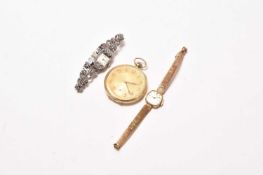 A pocket watch and two lady's wristwatches