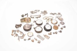 An assembled group of watches and watch chains