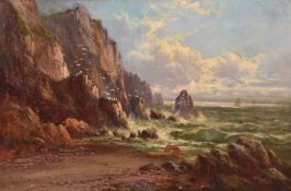Frank Hider (British, 1861-1933) Coastal Scene with Waves Crashing on a Rocky Shore