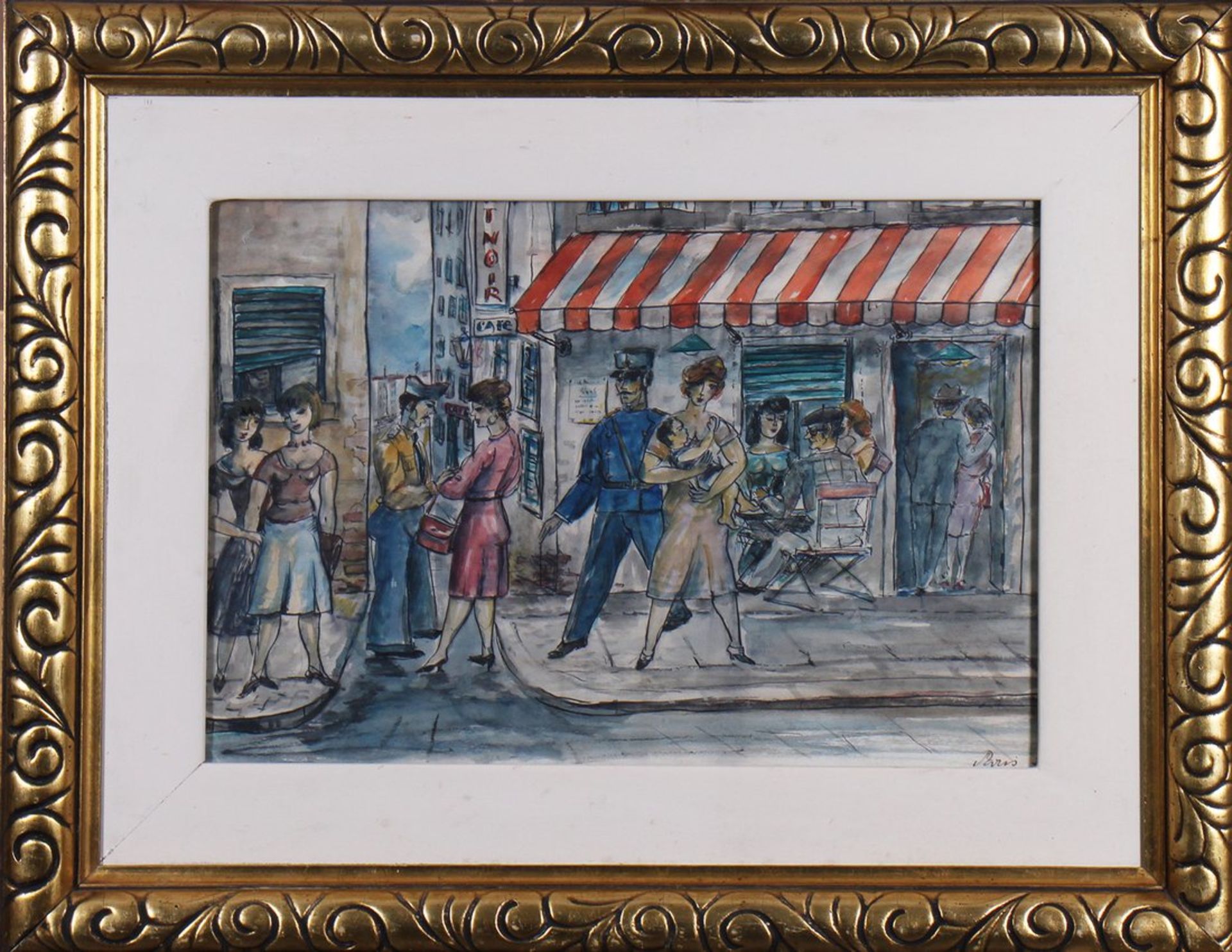 Belebte Straßenszene in Paris vor einem Café, 1925 