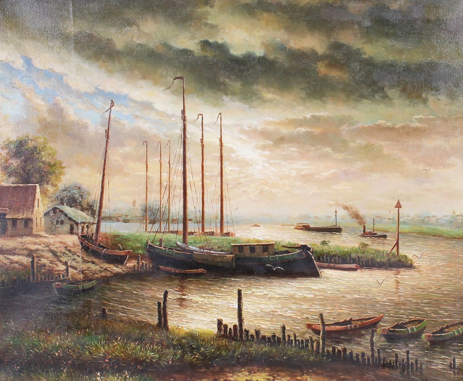 Niederländische Flusslandschaft mit angelegten Booten, Mitte 20. Jhd.  - Bild 2 aus 3