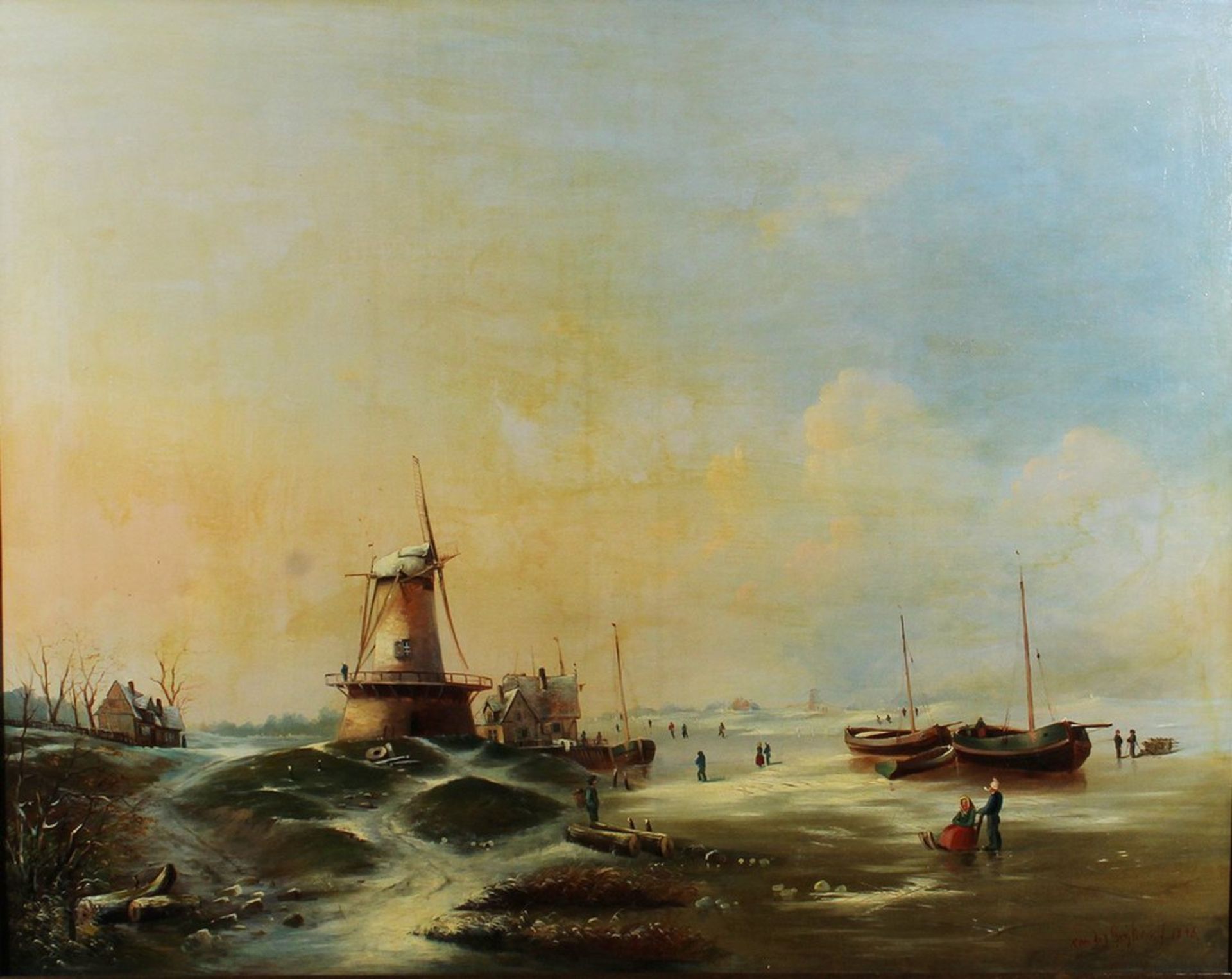 Niederländische Winterlandschaft mit Mühle und Schlittschuhläufern, 1845  - Bild 2 aus 4
