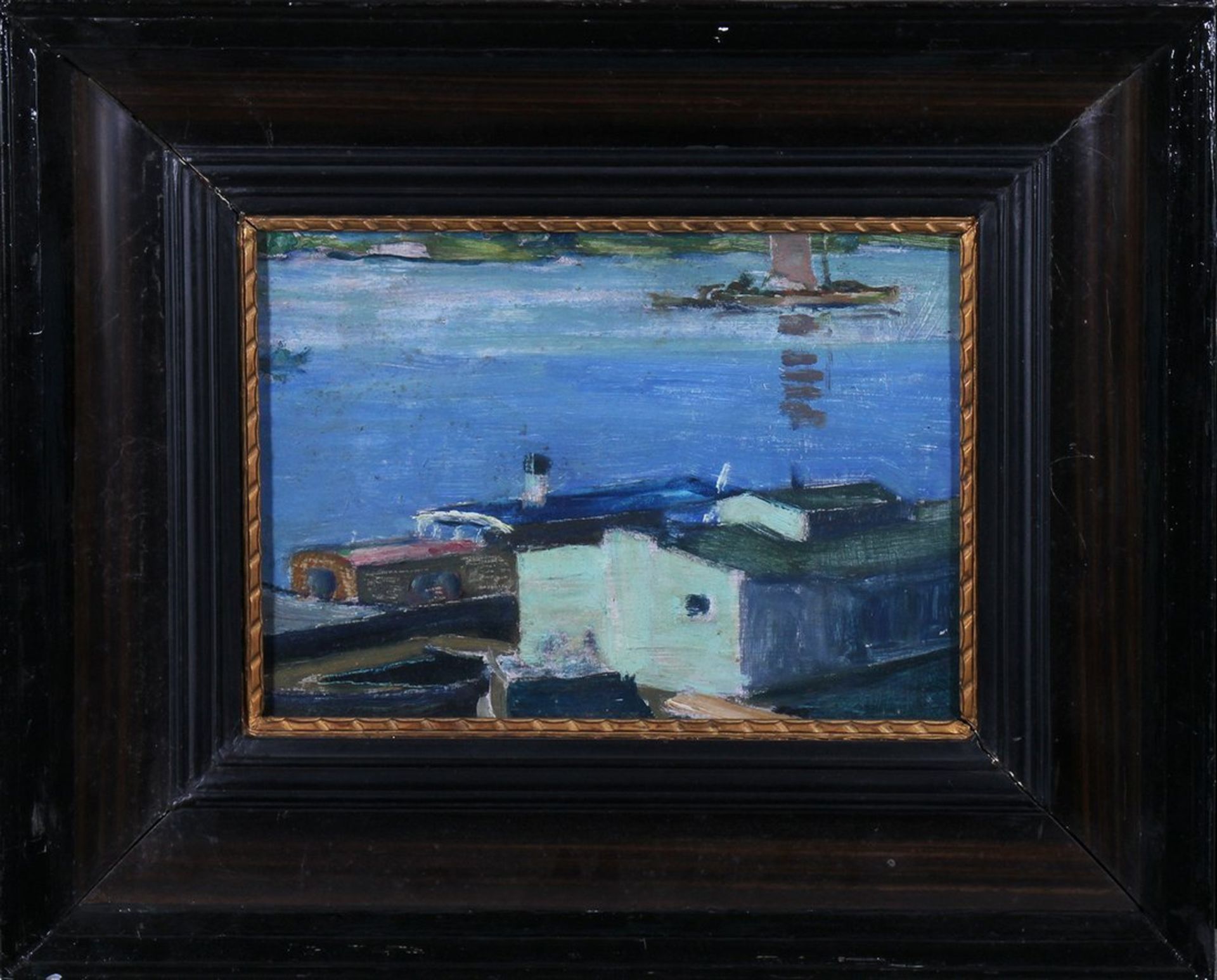 Impressionistische Darstellung einiger Kähne auf einem Fluss, wohl Frankreich um 1900  
