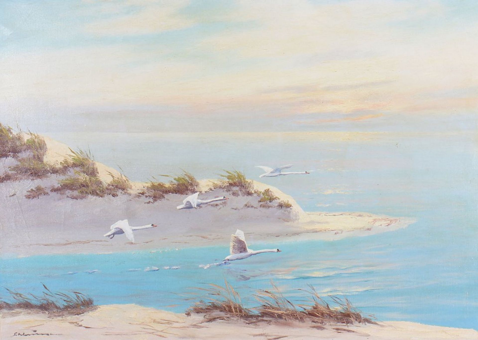 Dünenlandschaft mit startenden Schwänen, 2.H. 20. Jhd.  - Bild 2 aus 4