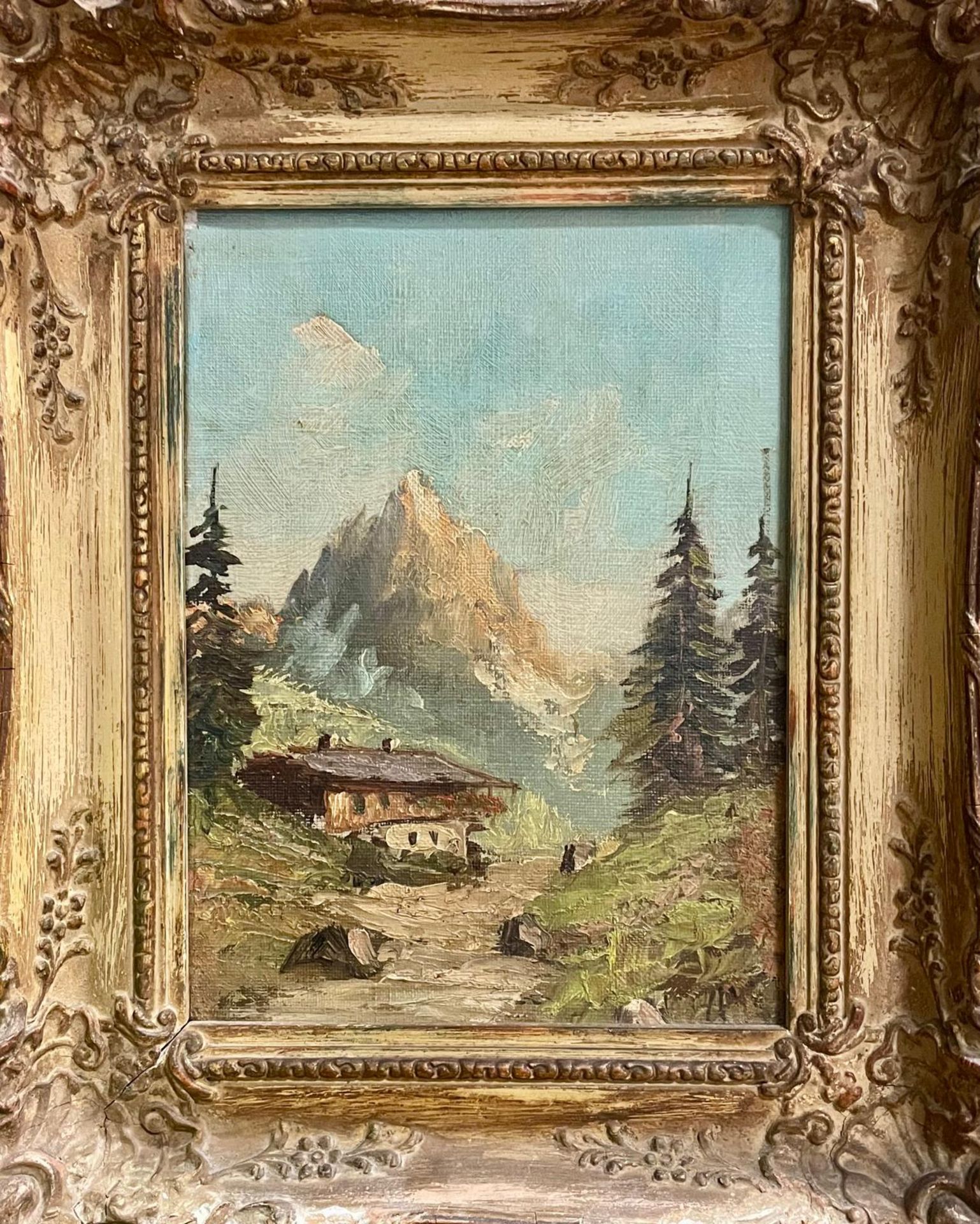 Hütte vor Alpenkulisse, 1920er Jahre 