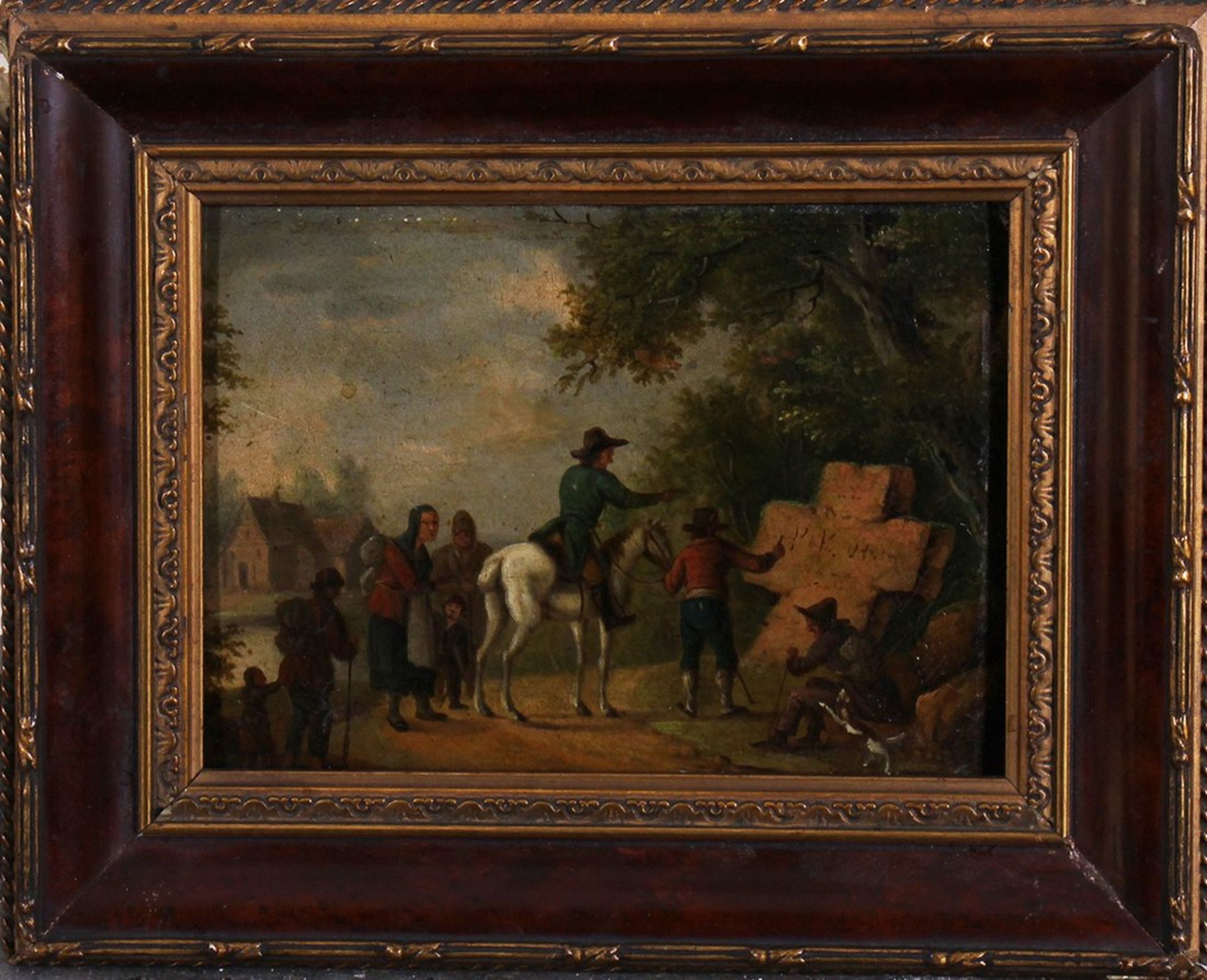 Menschengruppe mit Reiter vor Wegeskreuz, 19. Jhd. 