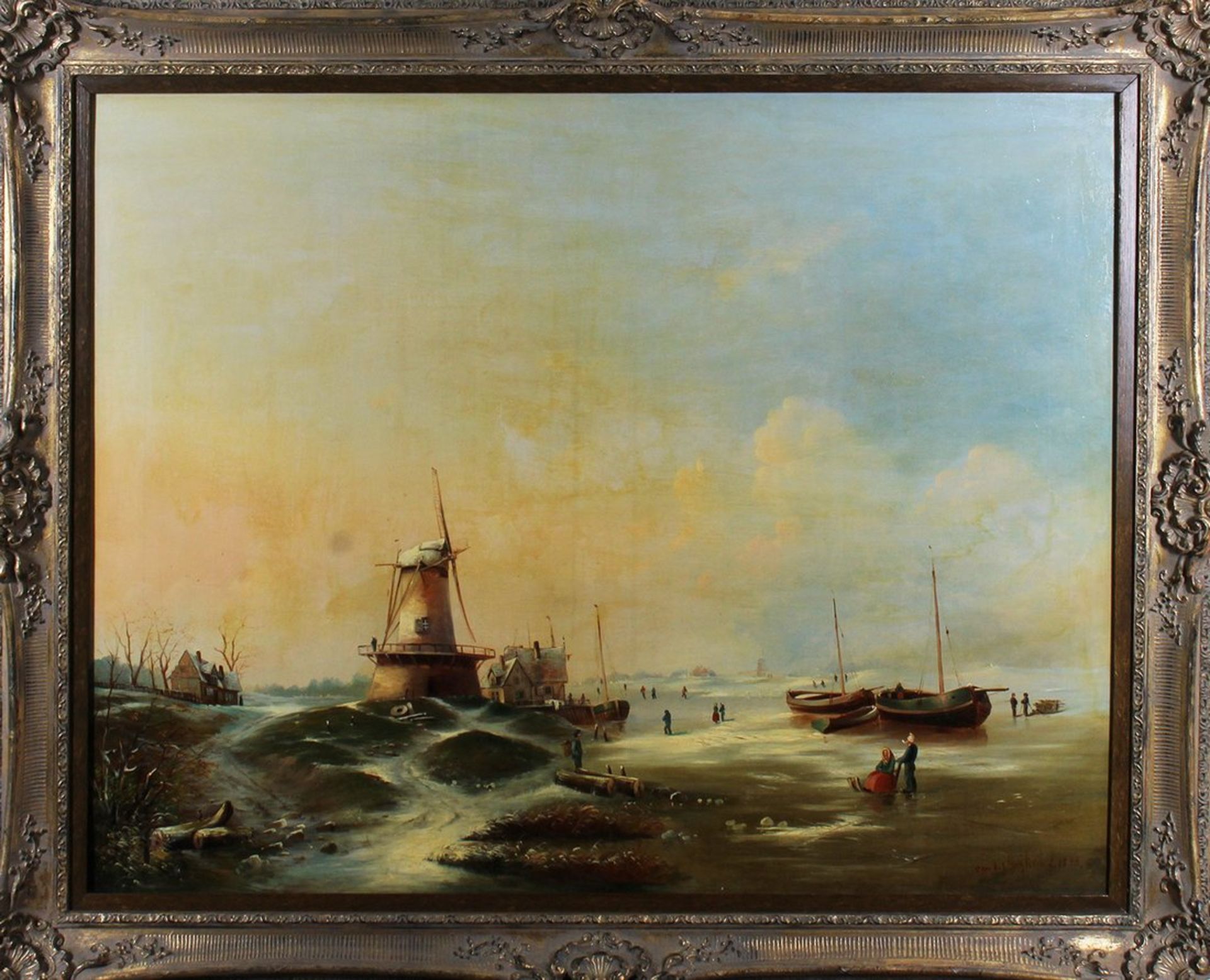 Niederländische Winterlandschaft mit Mühle und Schlittschuhläufern, 1845 