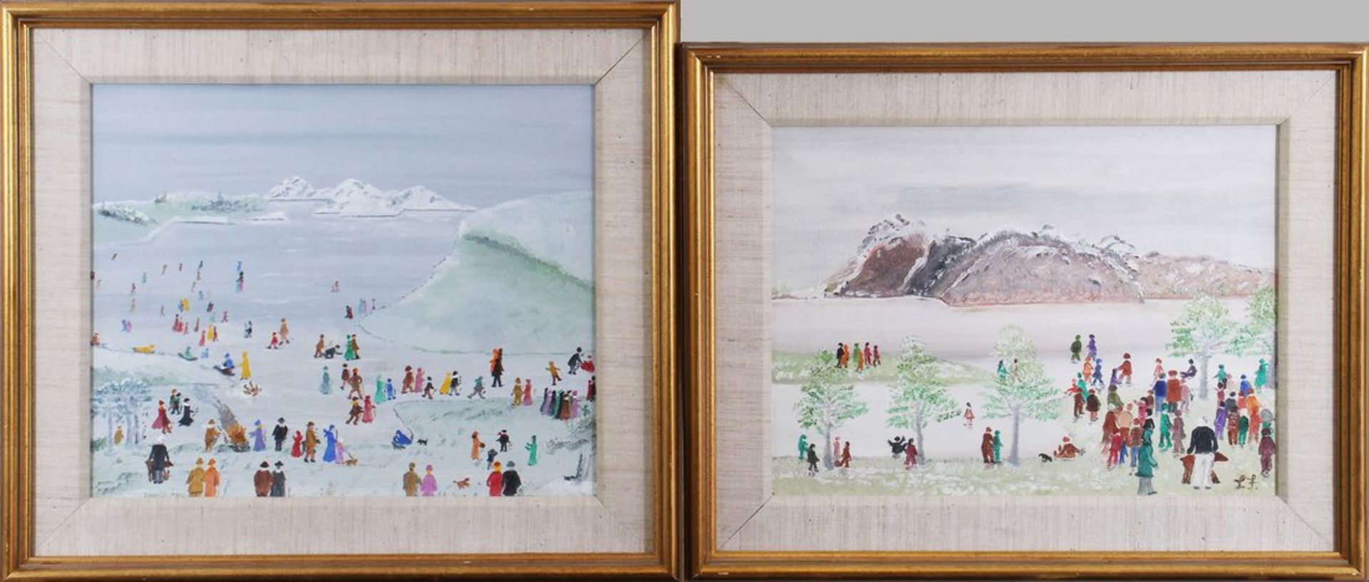 Paar Gemälde mit Eisläufern auf zugefrorener Seenlandschaft, 20. Jhd. 