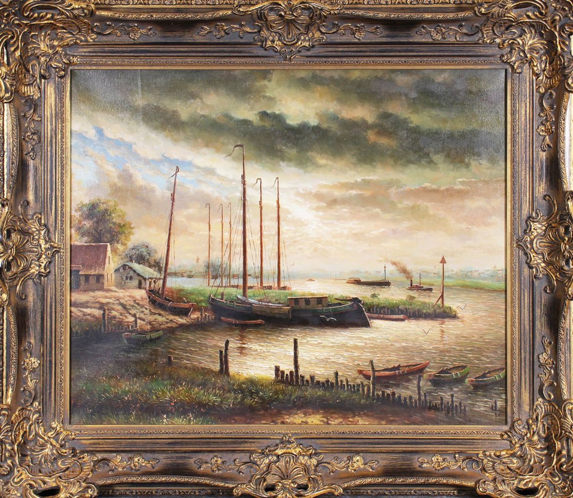 Niederländische Flusslandschaft mit angelegten Booten, Mitte 20. Jhd. 