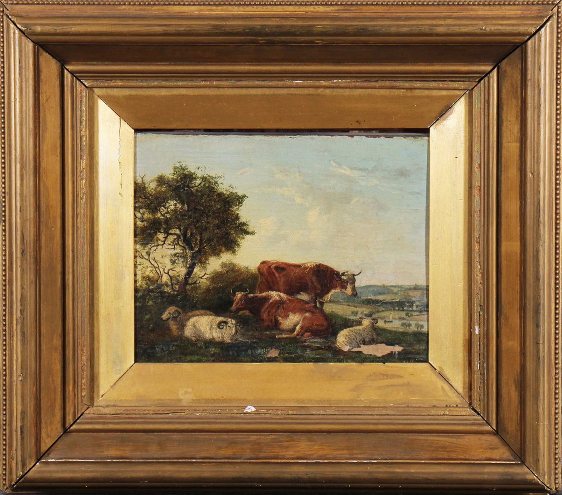 Ruhende Kühe und Schafe in einer bukolischen Landschaft, wohl Mitte 19. Jhd. 