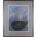 Surreale Szene mit drei Figuren, den Mond betrachtend, 1989 
