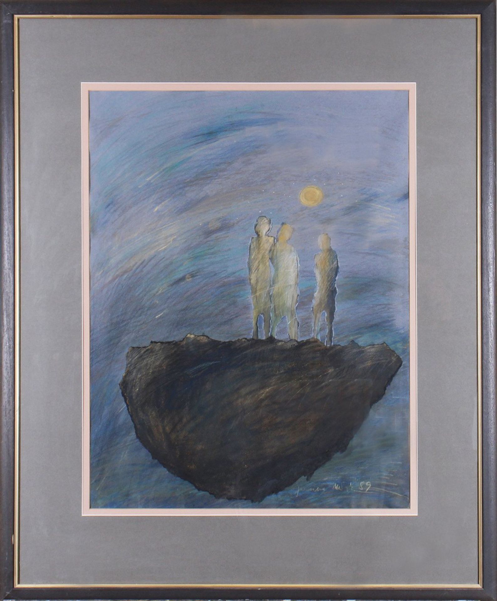 Surreale Szene mit drei Figuren, den Mond betrachtend, 1989 