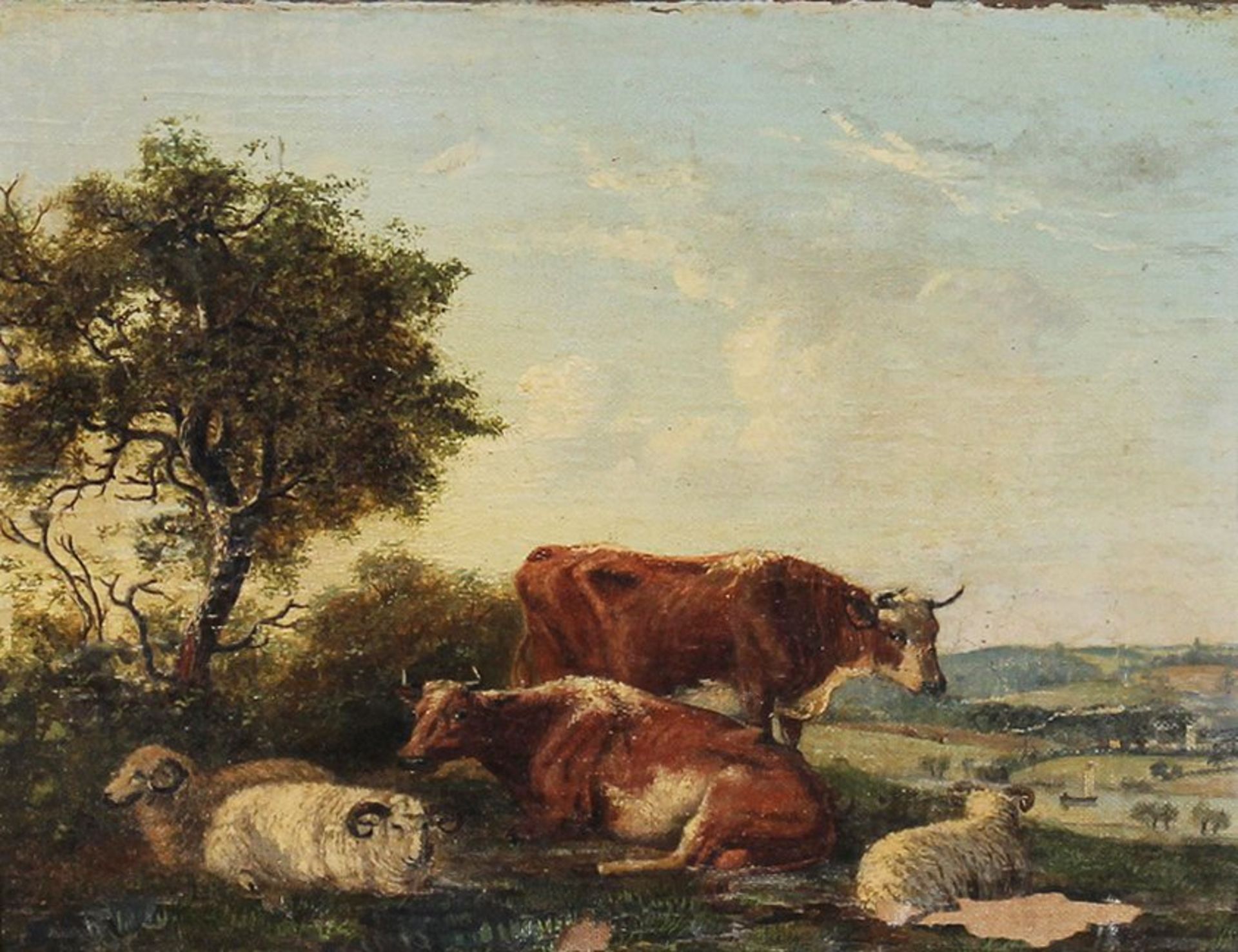 Ruhende Kühe und Schafe in einer bukolischen Landschaft, wohl Mitte 19. Jhd.  - Bild 2 aus 3