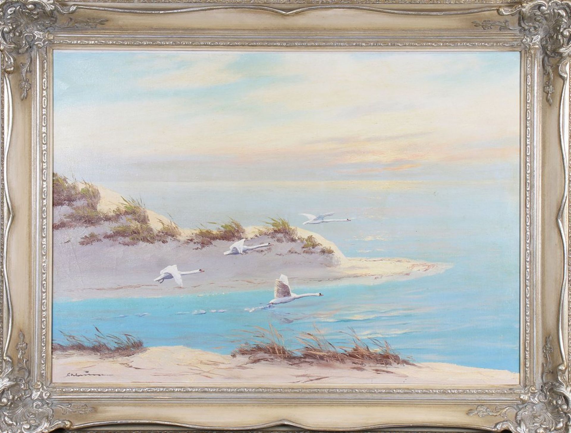 Dünenlandschaft mit startenden Schwänen, 2.H. 20. Jhd. 