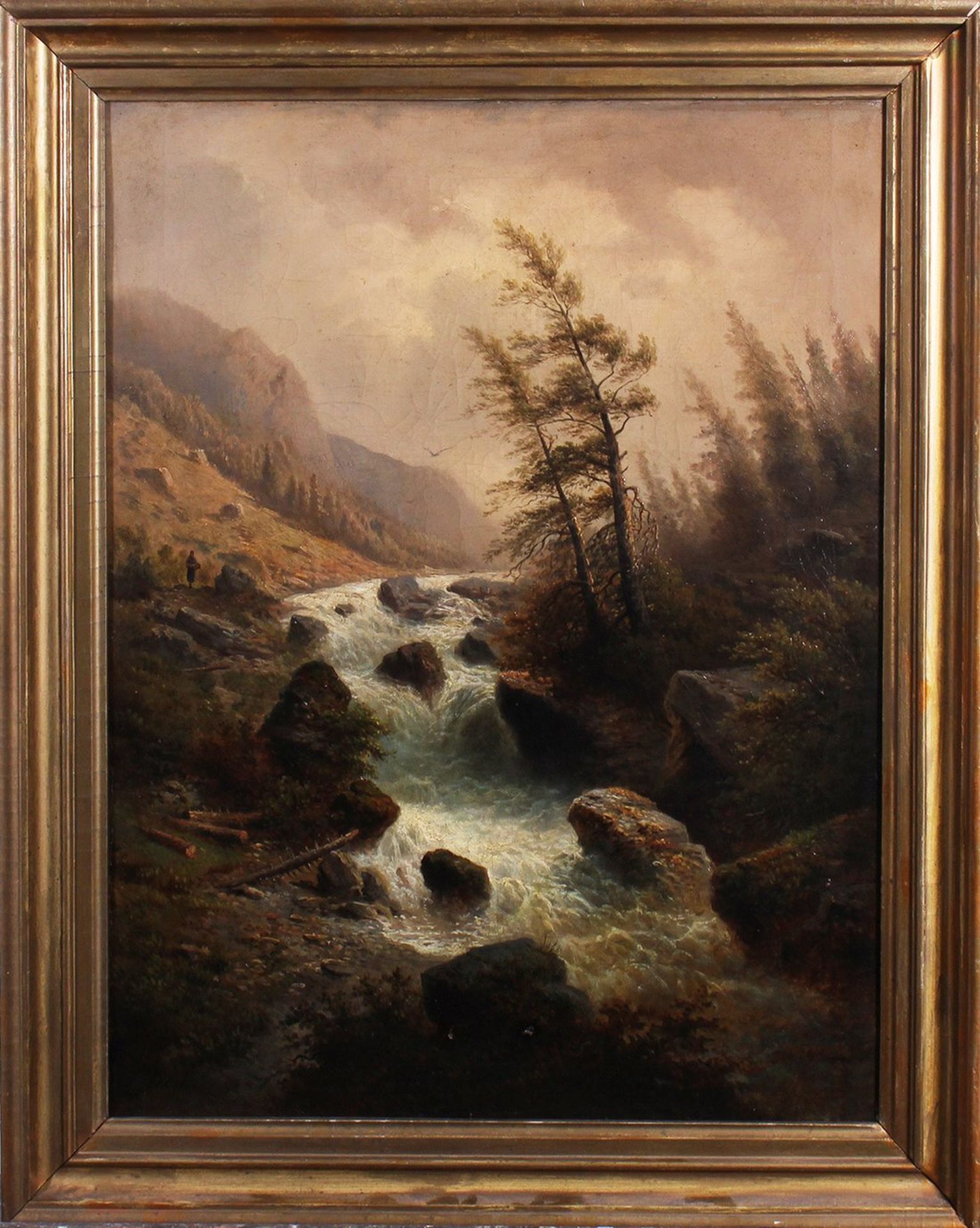 Wasserfall in windgepeitschter Landschaft im Berner Oberland, Mitte 19. Jhd. 