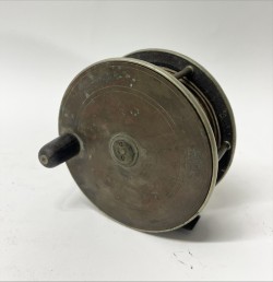 A VINTAGE HARDY 5" BRASS FISHING REEL stamped Hardy Alnwick