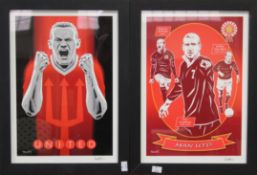 Steve Gulbis ( 20th century) Aka The Football Artist. Four ink signed Manchester United lithographs.