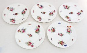 Five Coalport porcelain dessert plates, with embossed border and decorated with floral sprays. Circa