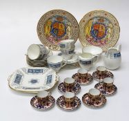 Seven Royal Crown derby Imari coffee cans and saucers, two Paragon commemorative plates and Coalport