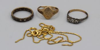 Three rings and broken chain Three stone diamond ring with no hallmark size M, 1.8g. 9ct Paste