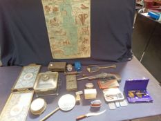 Mixed collection of items including desk top vintage lighters, metal cigarette boxes, dressing table