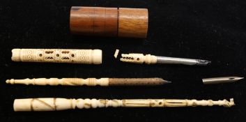 Collection of three 19th century Victorian ornately carved bone fountain pens and a 19th century