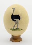 A 20th Century ostrich egg on wooden stand with hand painted ostrich to shell.