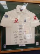 A framed and glazed cricket shirt, Nasser Hussain West Indies Tour 2004, signed by sixteen with