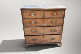 George III oak chest of two above three drawers, with brass swing handles, standing on bracket feet,